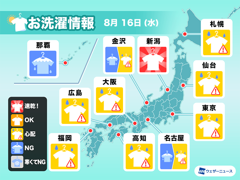 8月16日(水)の洗濯天気予報　台風が離れても雨の降りやすい天気