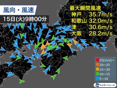 神戸で最大瞬間風速35m/sを観測　広範囲で停電が発生
