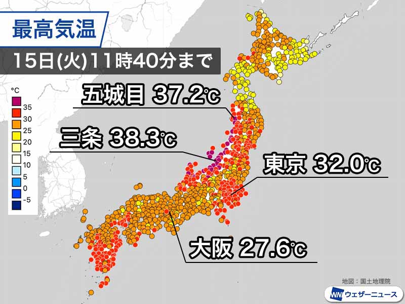 台風の影響でフェーン現象　北陸から東北日本海側は今日も猛暑日