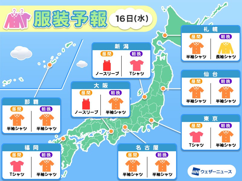 8月16日(水)　各地の気温変化と最適な服装