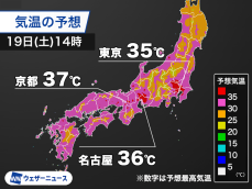 関東から近畿で35℃超の猛暑日予想　万全の熱中症対策を