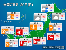 明日20日(日)の天気予報　大阪で37℃予想など猛暑続く　雷雨も注意