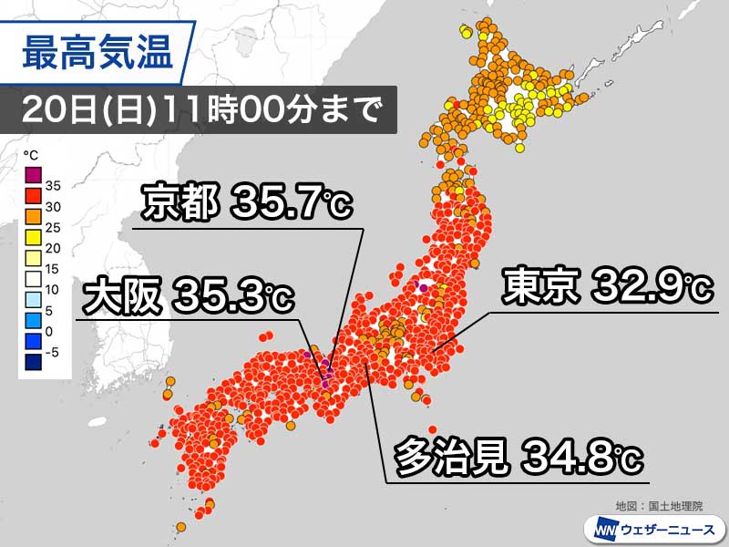 大阪など関西中心に早くも猛暑日　午後は体温並みの暑さの所も