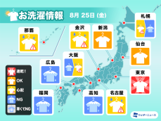 8月25日(金)の洗濯天気予報　朝降っていなくても外干しは要注意