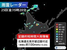 北海道で1時間に約100mmの猛烈な雨　記録的短時間大雨情報