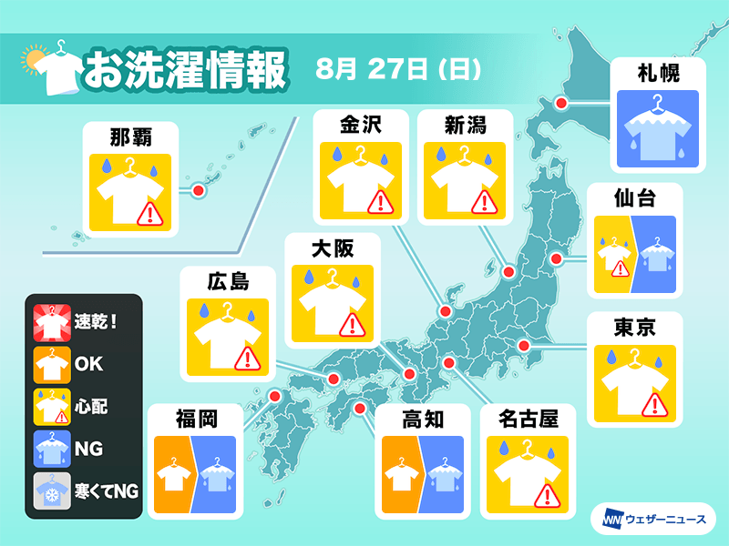 8月27日(日)の洗濯天気予報　外干しは空の変化に注意
