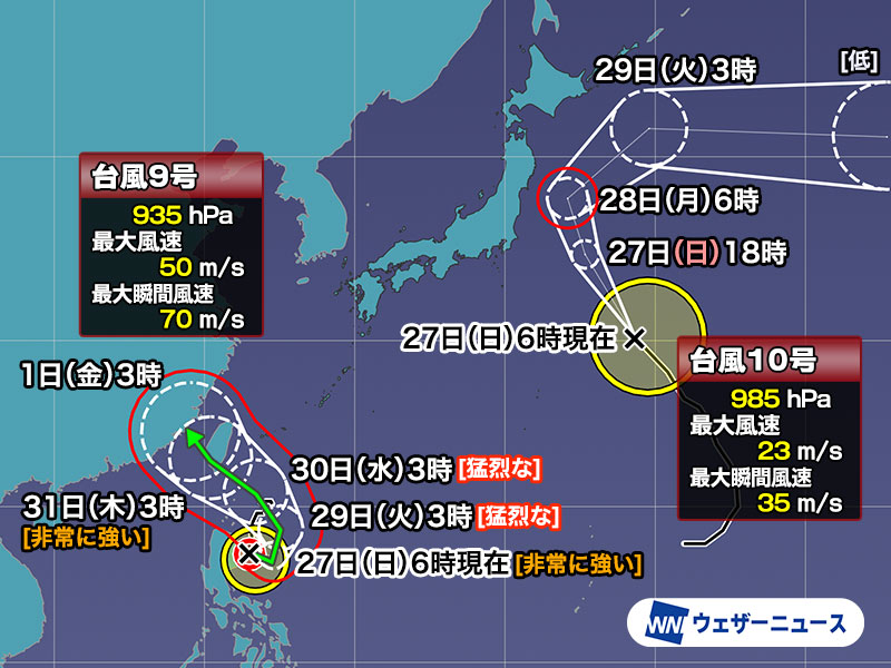 台風9号で沖縄は週中頃に大しけか　台風10号は東日本に間接的に影響