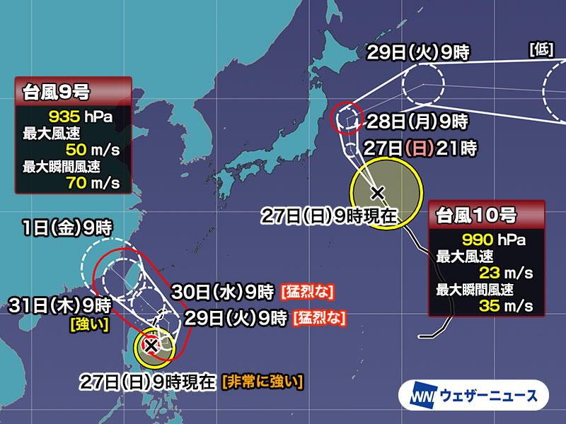 台風9号は発達して目がクッキリ　台風10号は足早に本州接近へ