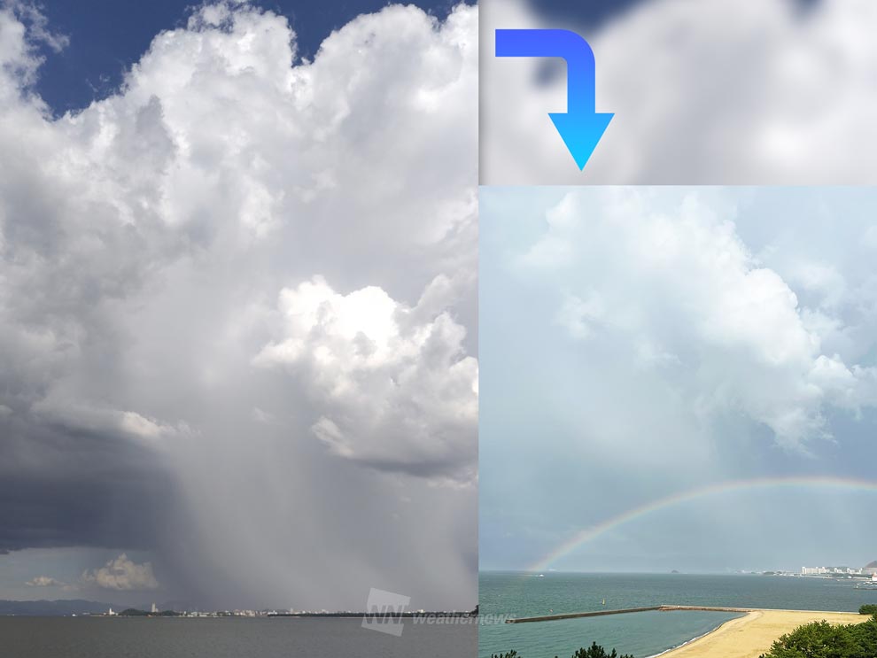 各地でめまぐるしい天気変化　巨大「雨柱」のあとには「虹」かかる
