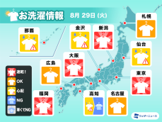 8月29日(火)の洗濯天気予報　西日本〜関東は外干し日和