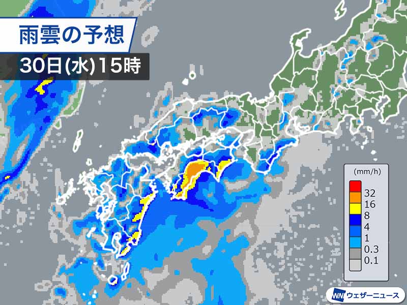 西日本や東海の太平洋側は断続的に雨　雷を伴って激しく降る所も