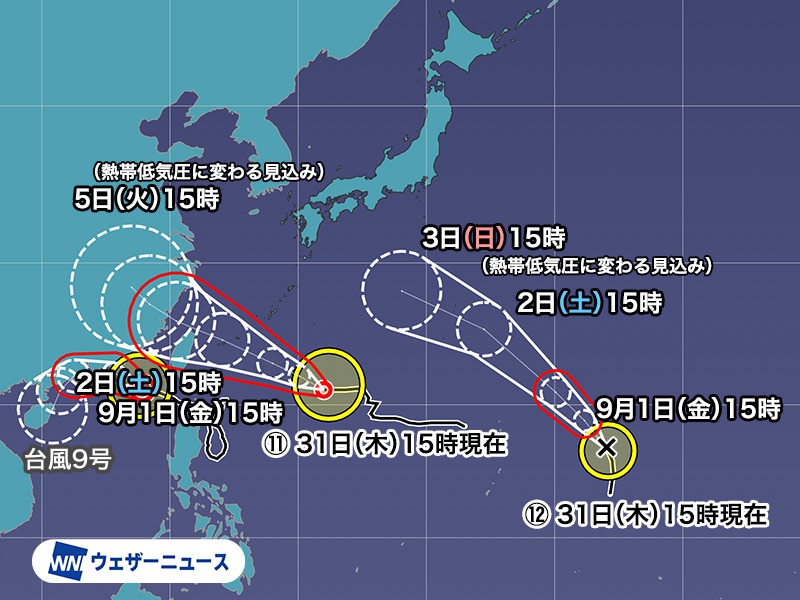 台風11号は2日(土)頃に沖縄・先島付近を通過か　台風12号は週末に日本の南へ