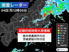 栃木県と茨城県で1時間に100mm超の猛烈な雨　記録的短時間大雨情報