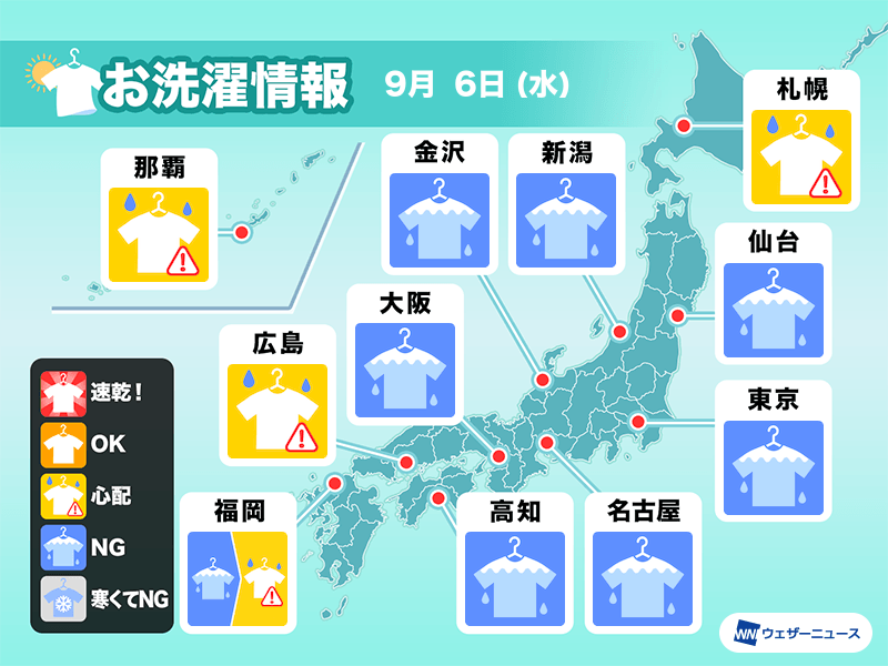 9月6日(水)の洗濯天気予報　雨が降っていなくても油断禁物