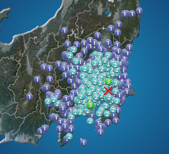 千葉県北西部でM4.5の地震　茨城県と神奈川県で震度3　津波の心配なし