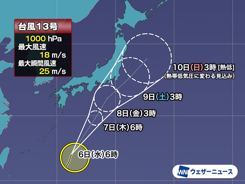 台風13号　関東沖へ北東進　進路やタイミングの不確実性が大