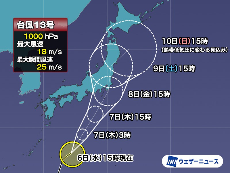 台風13号　伊豆諸島付近から北上する予想　関東に接近・上陸の可能性も