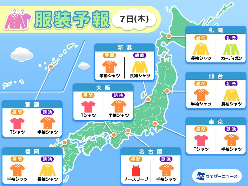 9月7日(木)　各地の気温変化と最適な服装