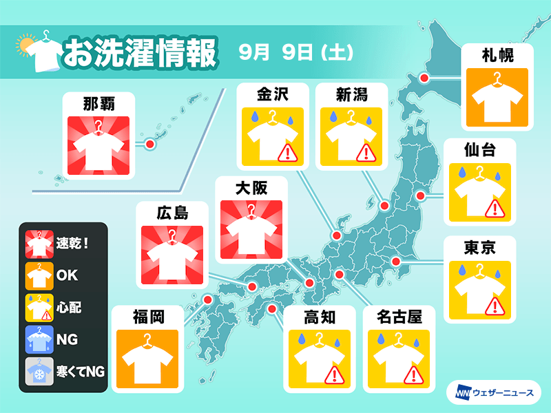9月9日(土)の洗濯天気予報　北日本や日本海側は部屋干し推奨