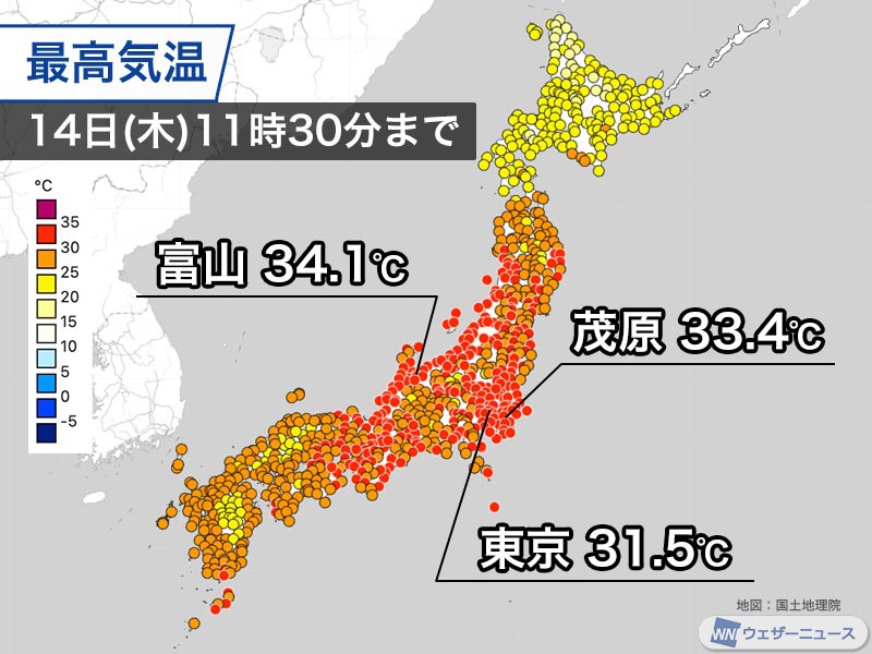 東京都心は5日連続で真夏日　北陸は35℃近い暑さの所も