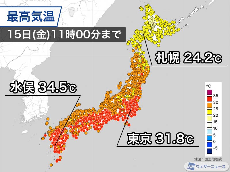 関東以西の太平洋側で30℃超　北海道は過ごしやすい気温に