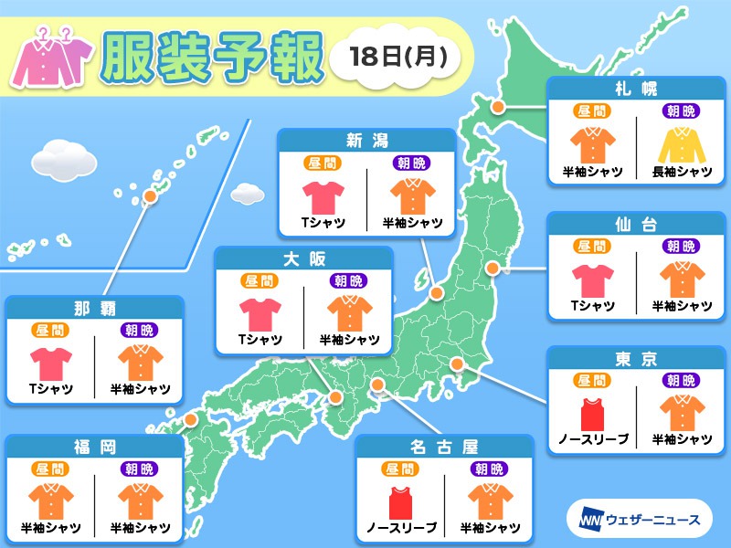 9月18日(月)　各地の気温変化と最適な服装