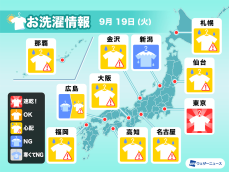 9月19日(火)の洗濯天気予報　関東南部は洗濯日和続く　他のエリアは室内干しに