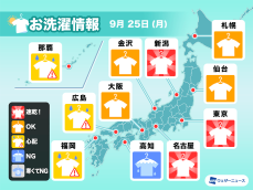 9月25日(月)の洗濯天気予報　西日本など心配な所も