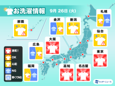 9月26日(火)の洗濯天気予報　関東から近畿は外干しOK
