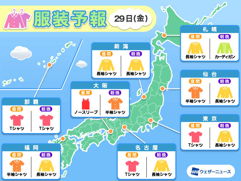 9月29日(金)　各地の気温変化と最適な服装