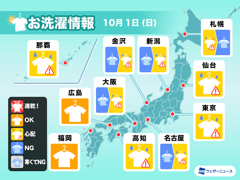 10月1日(日)の洗濯天気予報　広いエリアで部屋干しが安心