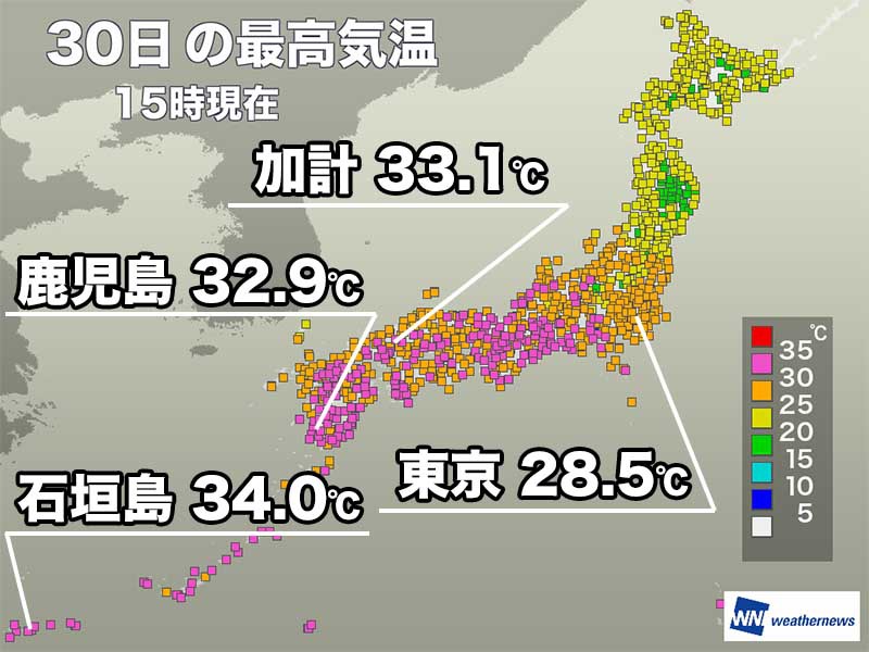 西日本中心に200地点以上が真夏日　明日は暑さがトーンダウン