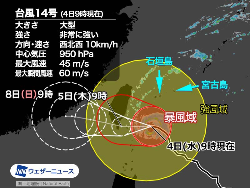 台風14号は非常に強い勢力で沖縄の南を通過中　高波などに警戒