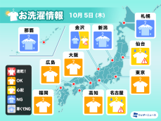 10月5日(木)の洗濯天気予報　太平洋側は外干しOKな所が多い