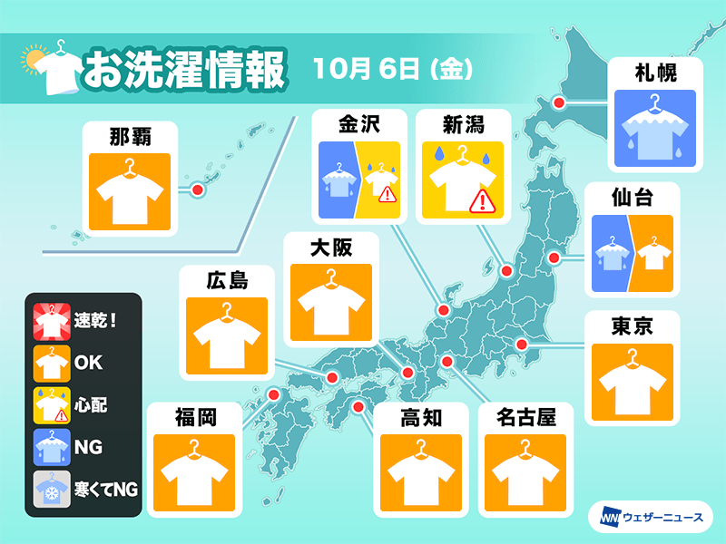 10月6日(金)の洗濯天気予報　外干しは風の影響に注意を