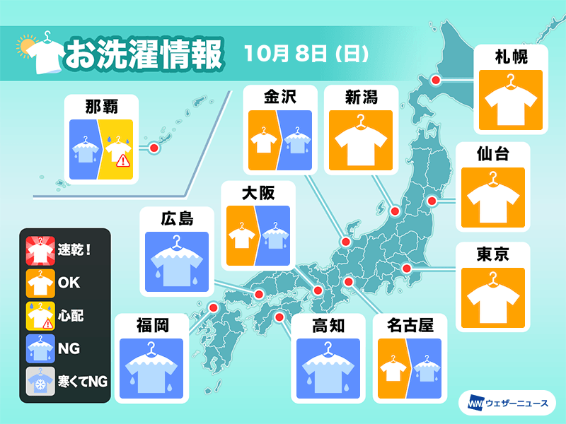 10月8日(日)の洗濯天気予報　関東以西は部屋干し推奨