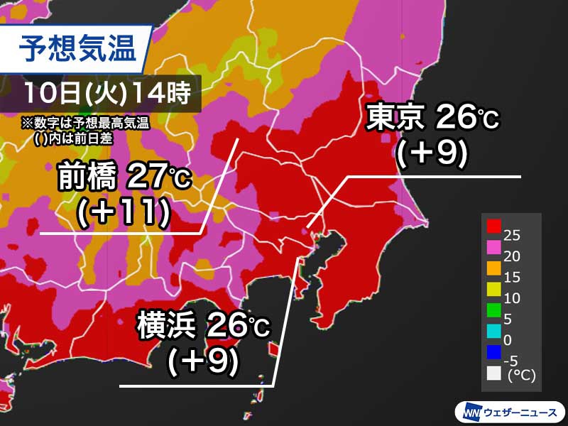 関東は11月並みの肌寒さから一変　明日は広範囲で25℃以上の夏日に