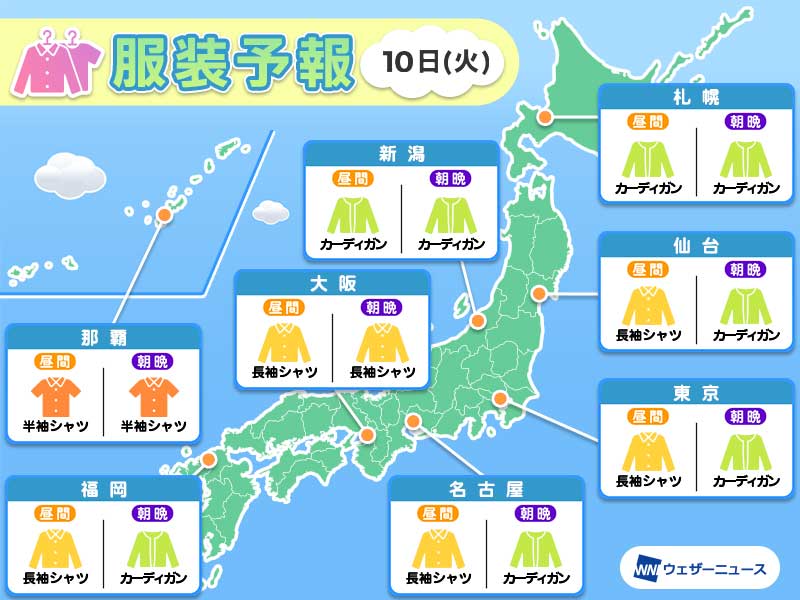 10月10日(火)　各地の気温変化と最適な服装