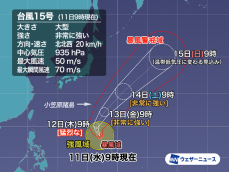 大型で非常に強い台風15号が北上　小笠原諸島は強まる風に注意を