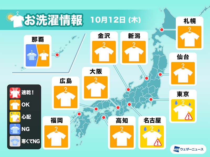 10月12日(木)の洗濯天気予報　広く外干しOKも　関東や東海はにわか雨が心配