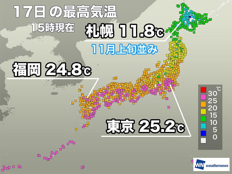 関東以西と北海道で対照的な気温　明日は全国的に晴れて快適な陽気