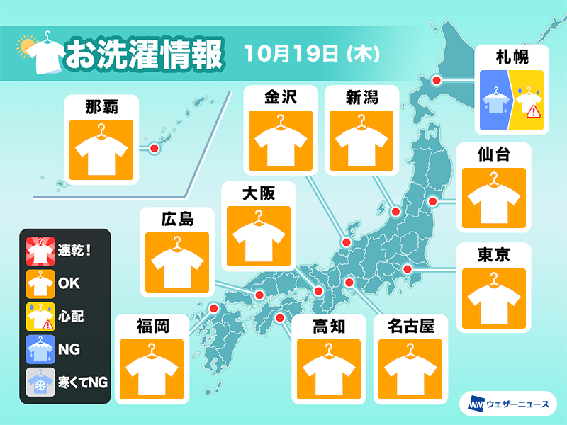10月19日(木)の洗濯天気予報　西、東日本は外干し日和　日差しの活用を