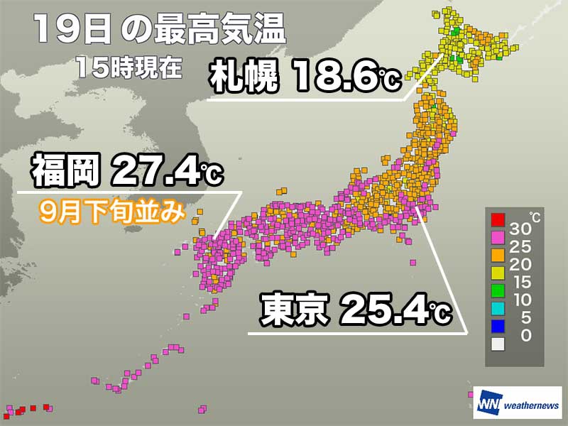 関東以西は夏日で9月下旬並みの所も　明日は天気が崩れ気温上がらず