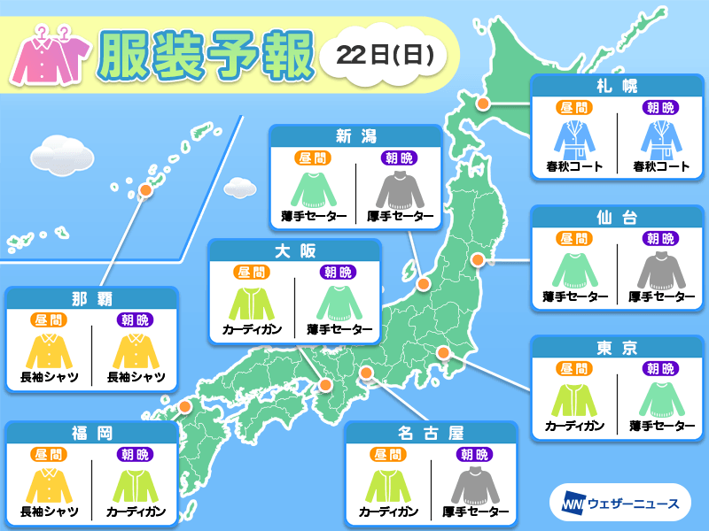 10月22日(日)　各地の気温変化と最適な服装