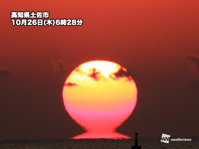 だるま朝日出現　冷えた朝に太陽がくびれて見える　蜃気楼の一種