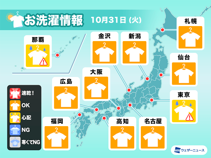 10月31日(火)の洗濯天気予報　関東など一部は“心配”　広範囲で外干し日和