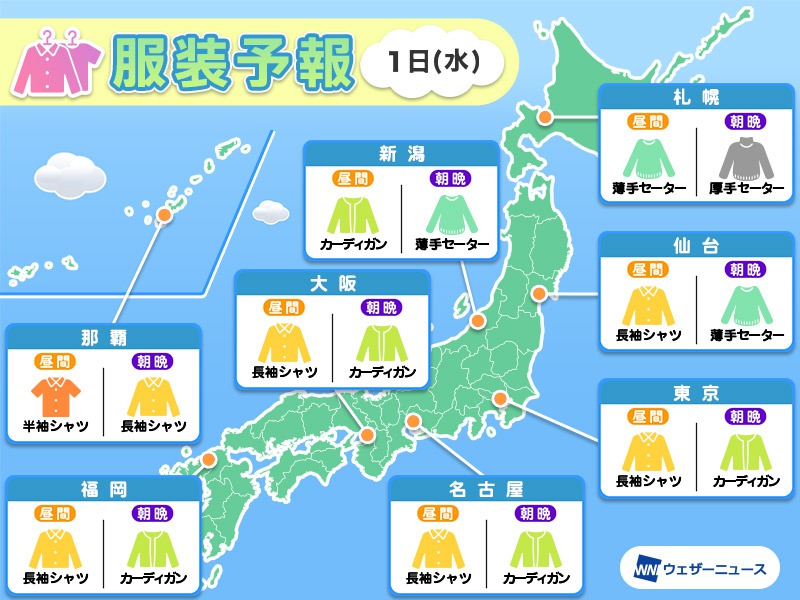 11月1日(水)　各地の気温変化と最適な服装