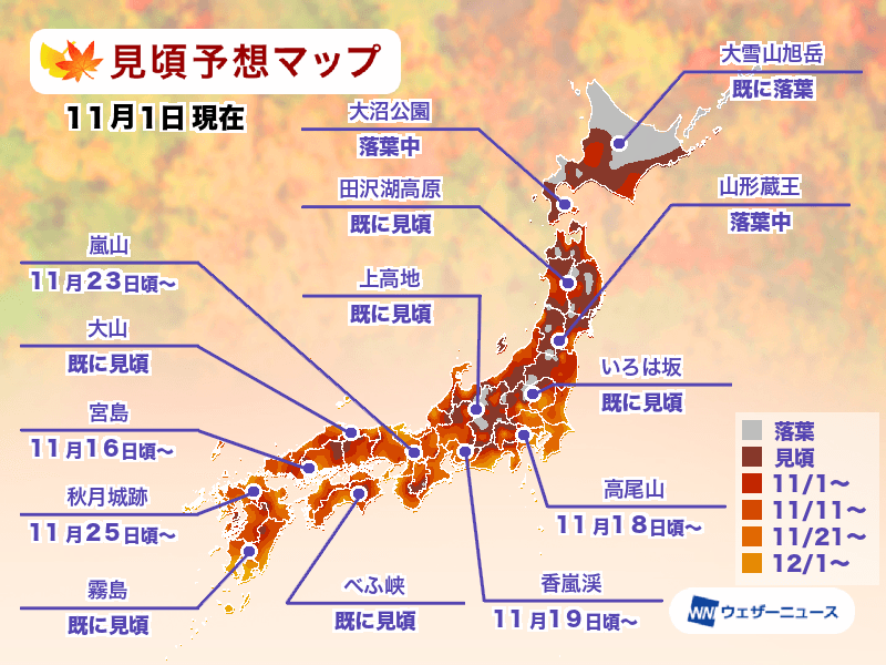 紅葉見頃予想2023　嵐山(京都)や高尾山(東京)も11月後半から見頃に