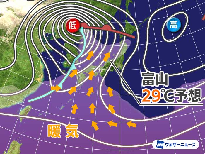 明日は暖気の流れ込み強まる　北陸はフェーン現象で富山29℃予想