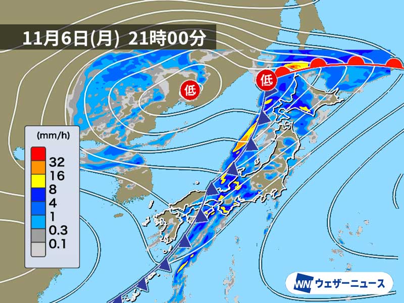 明日は発達した低気圧が接近　寒冷前線通過で荒れた天気に